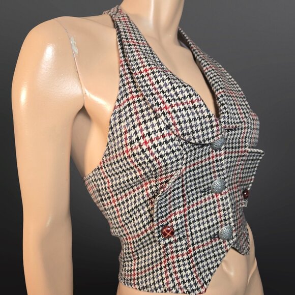 Y2K Vest Waistcoat Fitted Houndstooth Size XS Academia Office Siren Beige Black - Picture 11 of 12
